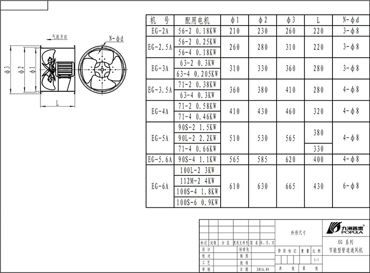 九州普惠EG轴流式通风机安装尺寸图